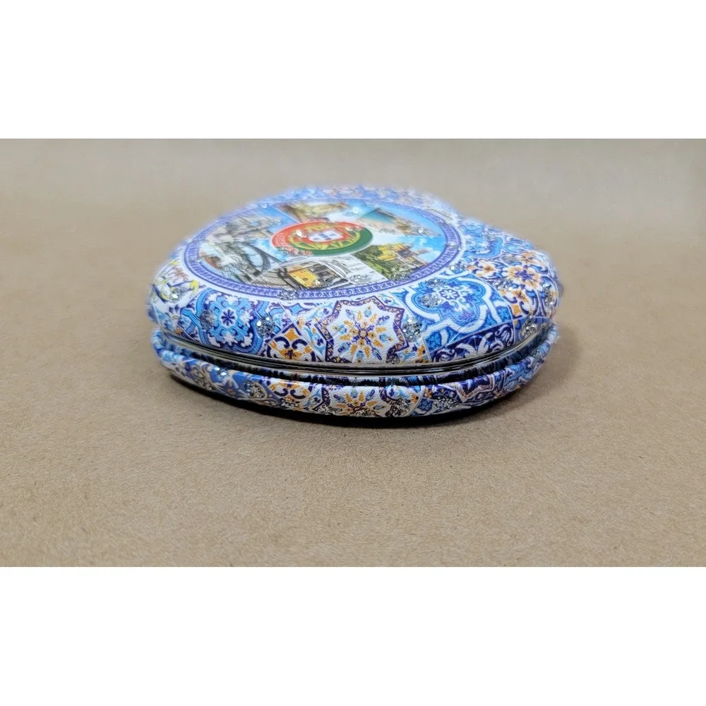 Portugal Souvenir Heart Compact Mirror Azulejo Tile Design Rhinestone Accents